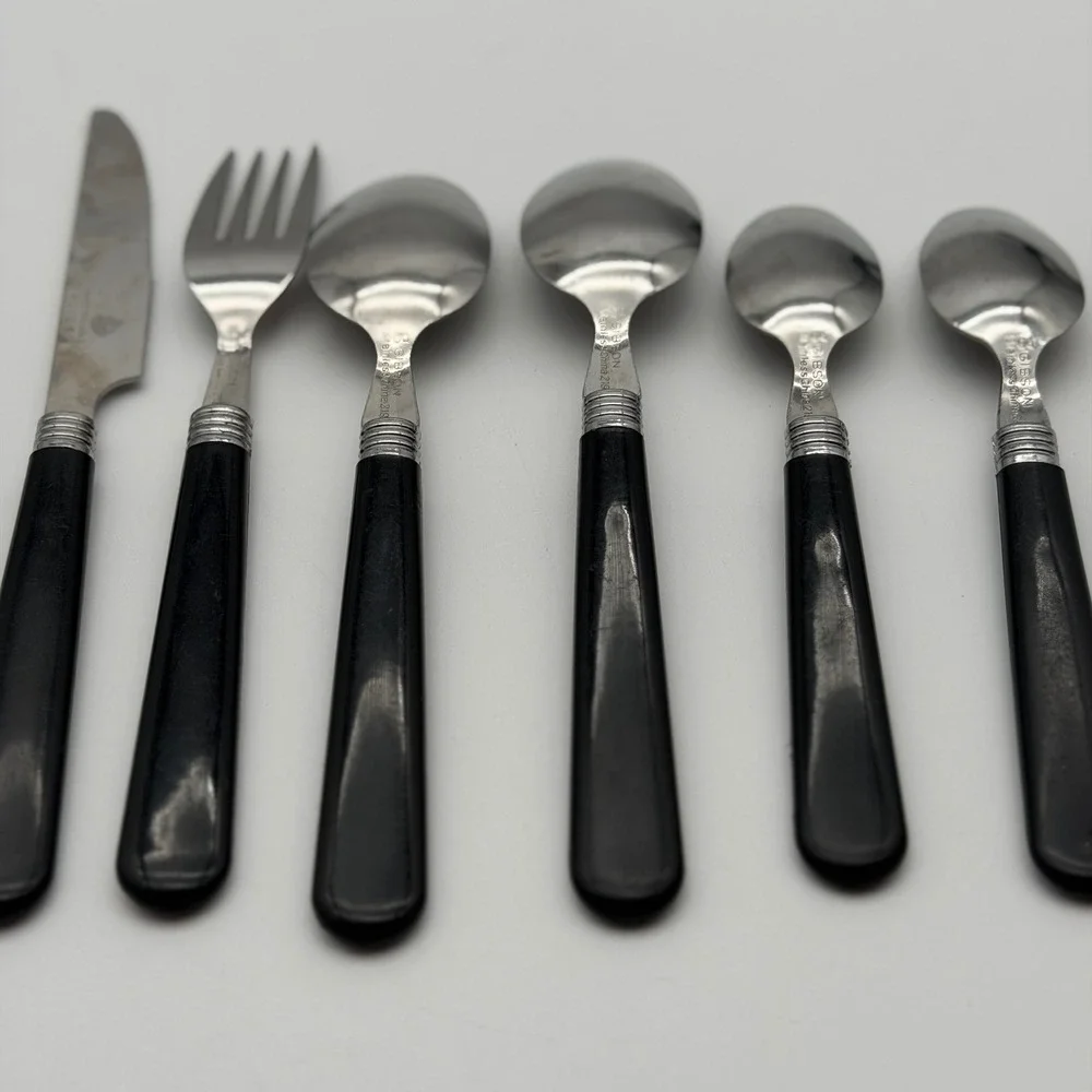 Gibson Stainless China 219 Flatware Set 6pc Black Plastic Handle Silver Rings